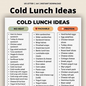 Cold Lunch Ideas Printable, No Heat Lunch Ideas for School, Packable Protein Lunchbox List, Cold Lunch Ideas PDF, Instant Download - Etsy