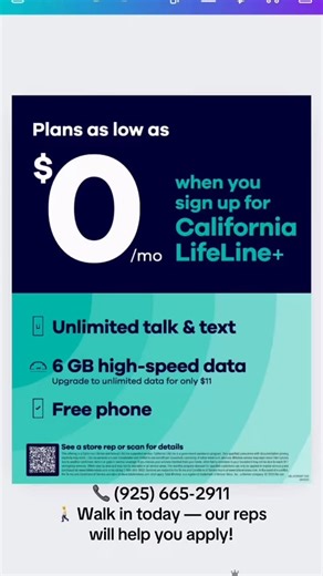 📱 Plans as low as $0/month! When you qualify for California LifeLine , stay connected without the high cost. ✔ Unlimited talk & text ✔ 6GB high-speed data ✔ FREE phone available (with qualification) 📍 2931 Harbor St, Pittsburg, CA 📞 (925) 665-2911 🚶 Walk in today — our reps will help you apply! Restrictions apply. LifeLine is a government assistance program. Eligibility required. #TotalWireless #CaliforniaLifeLine #FreePhone #AffordableWireless #PittsburgCA ContraCostaCounty | Total Wireless