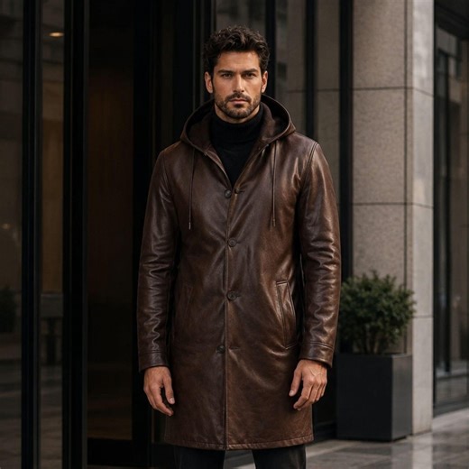 Men's Dark Brown Long Hooded Leather Coat, Handmade Double-breasted Trench Coat, Luxury Cowboy Overcoat - Etsy