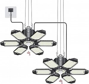 Plug in Garage Light with Motion Sensor - Ultra Bright 200W 20000LM Motion Activated Shop Light with 3 Mode, 6 Deformable LED Panel, Indoor Motion Light Bulb for Garage, Workshop (2 Pack)