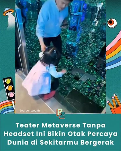 @popzine.id on Instagram: "Bayangkan masuk ke sebuah teater, tapi bukan untuk duduk menonton layar. Di ruang ini, dinding, lantai, dan langit-langit berubah jadi antarmuka. Tanpa VR headset, tanpa alat tambahan—seluruh ruangan bergerak bersamaan lewat projection mapping real-time, audio spasial, dan visual yang memanipulasi kedalaman. Otakmu pun terkecoh. Saat visualnya miring, jatuh, atau seolah maju ke depan, tubuh otomatis bereaksi meski kaki tetap berpijak di lantai. Itulah kenapa banyak ora