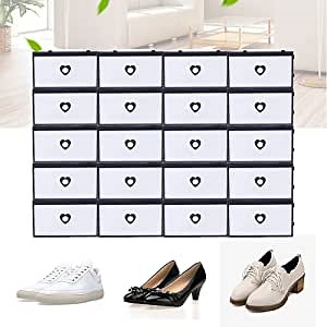 20 Pcs Black Clear Shoe Boxes Stackable, Plastic Boxes Drawer Heart Hole Foldable Storage Men Women Large Organizer Rack Bench Home Bedroom Cabinet Closet Office