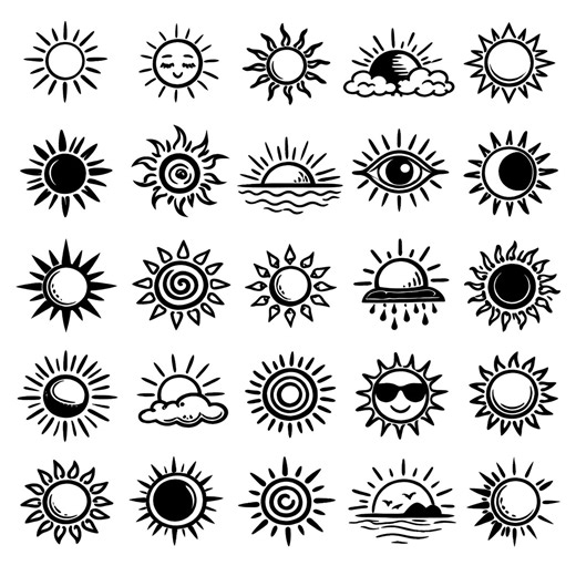 Sun SVG Icons Bundle – 25 Unique Black Outline Solar Symbols, Bold Line Art Illustrations, White Background Graphics, Cricut Silhouette - Etsy