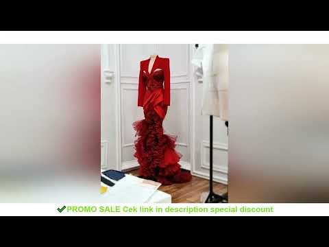 Customized Modern Red Fishtail Evening Gowns Satin Long Sleeves Tulle Ruffles Tiered Skirt Mermaid r
