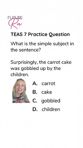 TEAS 7 English practice! The simple subject of a sentence is the main word or words that identify what or whom the sentence is about. Find the verb and ask who or what is doing the verb. #atiteas #teasexam #teastest #atiteas7 #teas7 #prenursing #prenursingstudent #futurenurse #futurenursesoftiktok TEAS 7 english study guide