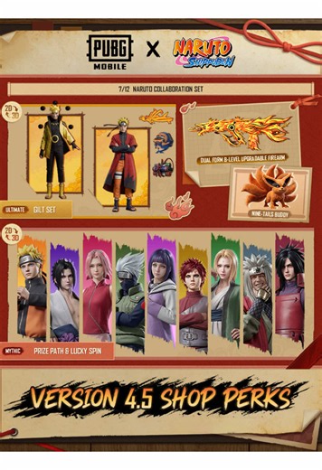 Naruto collaboration coming on July 9 ! Find Naruto Collaboration Set in Version 4.5 Shop Perks on July 12. Ferrari, Druvaen X-Suit, Phantasia Siren Set & more are coming too. Mark your calendar. Don't miss out! #PUBGMxNARUTO #PUBGMxNarutoShippuden #NARUTO #PUBGM450 #PUBGMOBILE