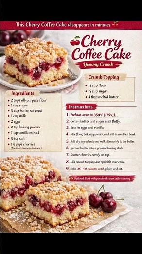 Cherry Coffee Cake That Melts in Your Mouth 🍒 Easy Bakery-Style Recipe!