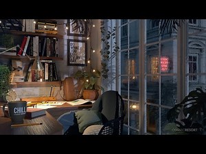 Study Desk by the window with street view at NIGHT / full glass windows and gentle rain