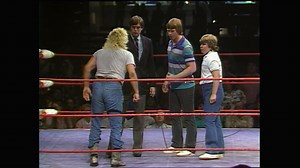 Buddy Roberts interrupts Mike & Chris Von Erich's interview time and things soon turn wild. Roberts attacks Mike, so young Chris Von Eric comes to his brother's defense with a chair. However, Michael Hayes and Terry Gordy soon get involved, leaving the Von Erich's outnumbered numbered until Kerry makes the save. | Retro Pro Wrestling