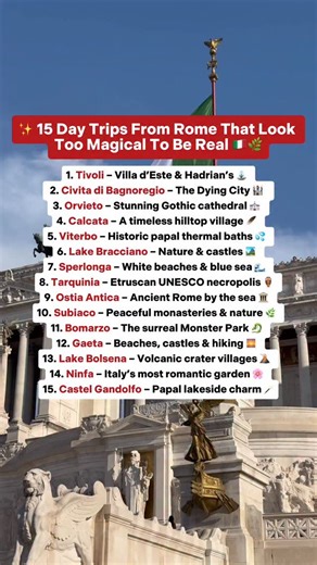 🌍✨ 15 Day Trips From Rome That Feel Like a Dream! Think you’ve seen everything around Rome? Think again 👀 From magical medieval villages and ancient ruins to volcanic lakes and romantic gardens, these destinations are so stunning they look unreal — and most of them are less than 1 hour away by train or car! 🚆🚗 Whether you’re into history, nature, food or hidden gems, these places are perfect for a day trip or weekend escape from the Eternal City. Save this list for your next adventure and st