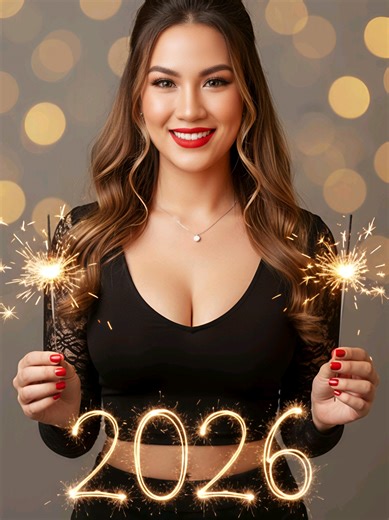 GEMINI AI PROMPT: 9:16 aspect ratio. 8K resolution. Use the photo I uploaded as my reference. Keep the facial features the same to create a hyper-realistic image that captures a joyful celebration, likely for New Year's Eve, featuring a woman holding sparklers with a glowing