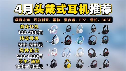 【头戴式耳机推荐】2026年4月头戴式游戏/降噪耳机选购清单：100-1500元价位|漫步者、西伯利亚、BOSE、西圣、EPZ、88拉、极度未知等头戴式耳机推荐