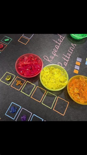 Children have been focusing on repeated patterns this week, so we set up an open-ended activity using coloured gems and shapes to create, copy and extend patterns independently. #EYFS #EarlyMaths #RepeatedPatterns #LearningThroughPlay #handsonlearning