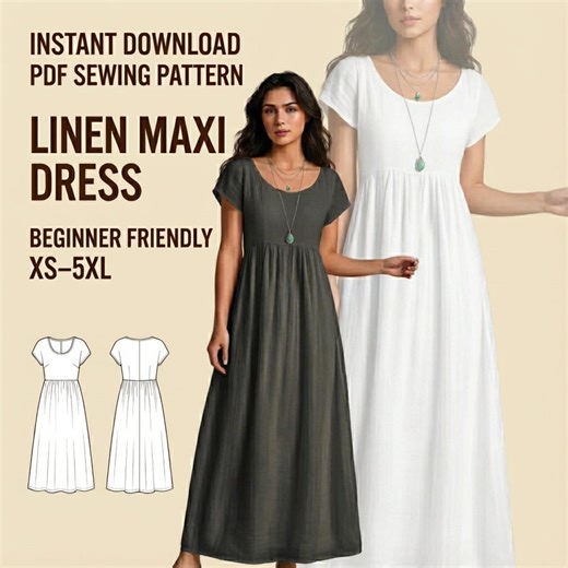 Linen Maxi Dress Sewing Pattern PDF | Easy Empire Waist Dress | Short Sleeve Summer Dress | Beginner Friendly | XS–5XL - Etsy