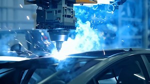 Car manufacturing production line modern assembly welding chassis automotive industry workshop line factory automobile technology research robot arm automation progress precision quality