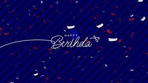 Animation happy birthday message with confetti bursts joyfully on blue striped background loop.