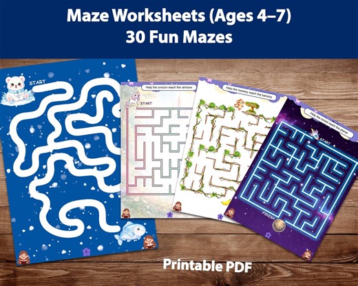 Maze Worksheets for Kids Ages 4-7 – 30 Printable Mazes (PDF Download) - Etsy