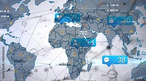 Social media interaction animation over world map with various icons and numbers