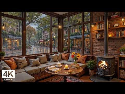 Rainy Nights Coffee Shop Music ☕ Cozy Fireplace Room & Smooth Jazz Ambience for Work & Relax