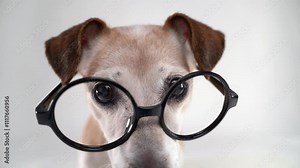 Super close up dog wearing round glasses frame. looks attentively, turns his head close to the camera. Vertical video footage studio shot white background