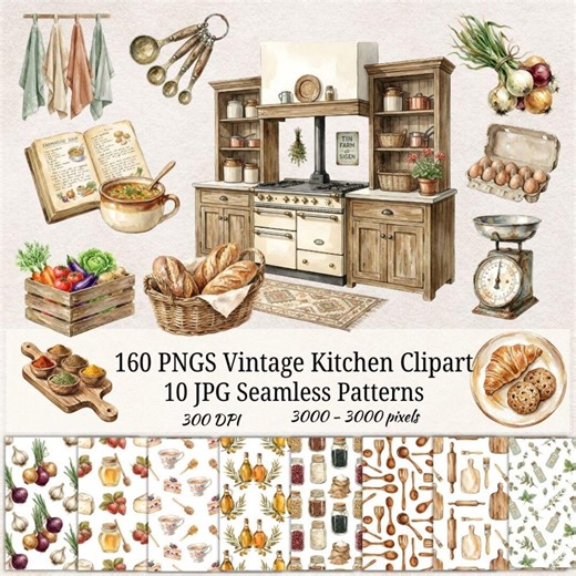 Farmhouse Kitchen Clipart Bundle, Rustic Watercolor Baking Elements, Country Cooking PNG, Vintage Food Illustration, Commercial Use - Etsy