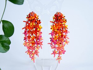 Floral Drop Sequin Earrings, Coral Orange Vibrant Clip-on Earring, Oscar De La Renta Style, Women Beaded Cascade Drop Earrings, Gift for Her - Etsy