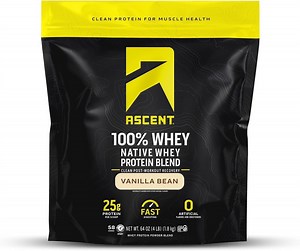 Ascent 100% Whey, Native Whey Protein Blend - Clean Post Workout Recovery, Digesting, Zero Artificial Flavors & Sweeteners, Gluten Free, 5.5g BCAA, 2.6g Leucine, Vanilla Bean 4 lb.