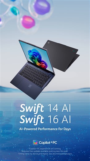 Unlock unmatched efficiency with the Swift 14 AI Intel! With a robust 29-hour battery life and an ultra-sleek design powered by #IntelCoreUltra, this Copilot PC* is engineered to amplify your productivity. Elevate your day with a device that is as ambitious as you! Learn More: https://acer.link/3XfqU9H *Copilot PC experiences require free updates. See https://acer.link/3XfqUXf | Acer