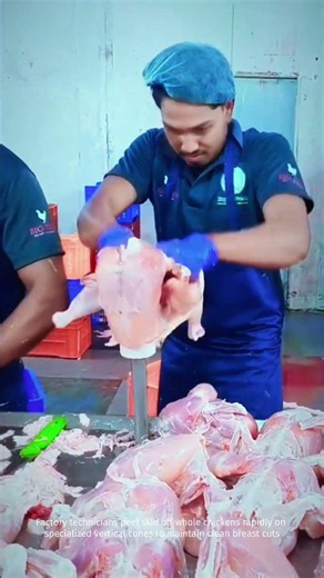 Poultry Workers Skinning Fresh Chicken Using Manual Carving Safely