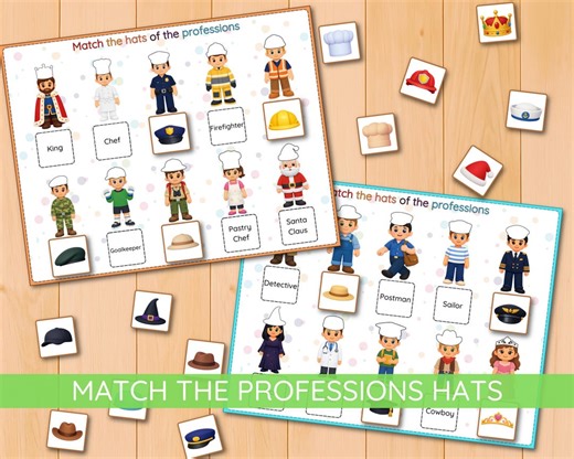 Community Helpers Hat Matching Activity, Occupations Game, Preschool Worksheets, Jobs Tools Activities, Busy Binder - Etsy