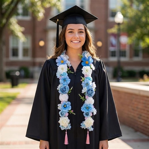 Handmade Blue Floral Graduation Stole, Custom Ribbon Flower Lei, Personalized Grad Sash, Senior Photo Prop, Unique Graduation Gift - Etsy