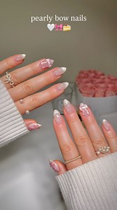 pearly bow nails 🎀🤍 everything is linked in my amazon sf 🫶🏼 #asmr #nailinspo #bows #pearls #frenchtipnails #nailart #pink | Katie's Nails