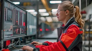 A manufacturing worker is examining screen statistics on assembly line performance.