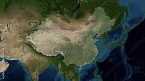Zoom from Earth to China. (Highlighted) World map animation with highlighted borders of countries. Images from NASA