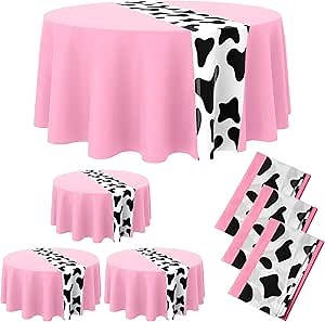 Moukeren 3 Pcs Cow Tablecloth for Party Round Cow Table Cover Print Runner Plastic Tablecloth Birthday Party Decorations for Home Dinner Picnic 84 Inch (Pink)