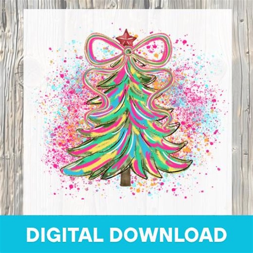 Glitter Neon Christmas Tree Colorful Splatter Design Png, Bright Xmas Holiday Retro Digital Download