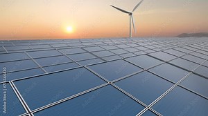Solar panel on skyscraper, wind turbine, mountain backdrop, and sunset converge, embodying high-tech climate solutions