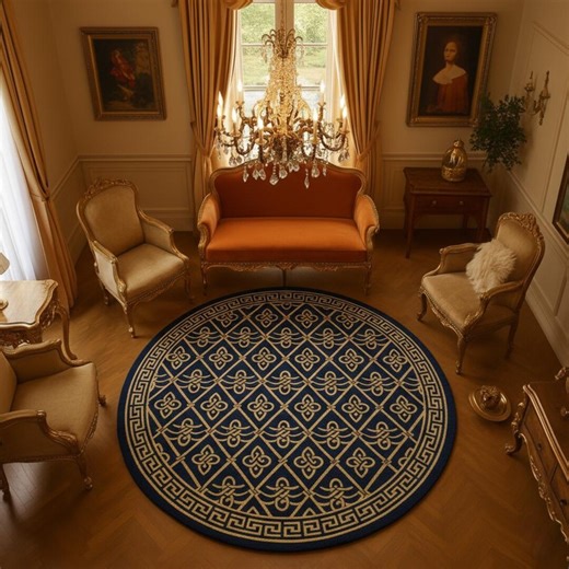 Navy Blue Round Area Rug, Greek Key Pattern Rug, Luxury Classical Medallion Carpet, Gold Ornamental Tufted Rug, Elegant Living Room Decor L - Etsy