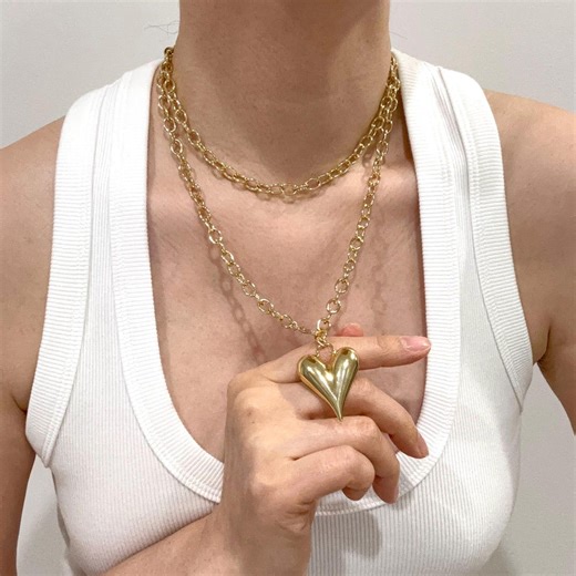 36" Long Puffy Heart Necklace. Double Wrap Heart Necklace. Chunky Heart Charm Necklace. Statement Necklace. Gift for Her. - Etsy