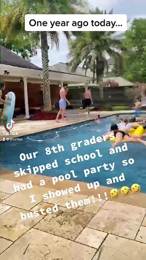 A year ago today our 8th graders skipped school and threw a pool party so I showed up and busted them 🤣🤣🤣 Man I love my job 😂😂😂 #principal #principalsoftiktok #principalsinaction #teachersoftiktok #principalsoffice #fyp #foryourpage #poolparty #busted