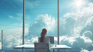 office woman on skyscaper office sit n front of a personal computer monitor near the big window with view of animated cloudy sky working girl