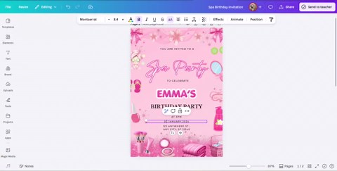 Editable Spa Party Birthday Invitation Card, Canva Template, Pamper Party Invite, Pink Spa Party, Thank You Tag, Glamour Invite, Girl Spa - Etsy