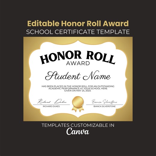 Editable School Honor Roll Certificate Academic Excellence Award (canva Template) - Etsy