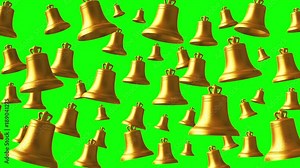 4K. Golden Ringing Bells On Green Screen. Loops. 3D Animation. 3840x2160.
