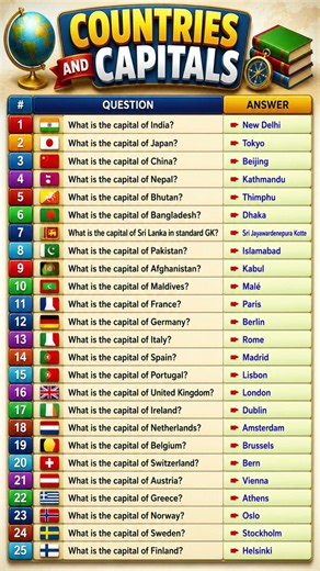 Countries and Capitals Quiz 2026 | Top 25 World GK Questions