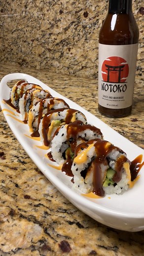 Made sushi just to try Notoko sauce and wow… I’m obsessed! ✨🧡🍣 Ingredients: • Seaweed nori sheets • Sushi rice, cooked and seasoned • Avocado slices • Cucumber sticks • Breaded shrimp, cooked • Sriracha aioli • Notoko sauce (for drizzle dipping) #recipes #foodblogger #recipeideas #foodie #foodstagram #easyrecipes #sushi #sushilover | Shazas.plate