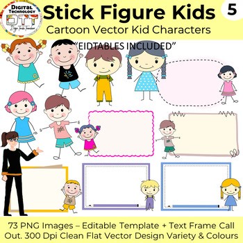 Vector Stick Figure Cartoon Kids 5, Boys & Girls, Editable Designs, PowerPoint