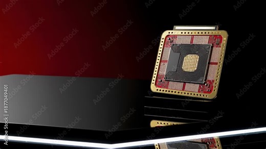 Futuristic central quantum processing unit with a gold plated case rotating in a modern, dark environment with red accents, representing cutting edge computing power and advanced technology