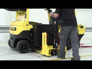 Hyster®: Electric forklift trucks battery removal with battery exchange stacker Hyster