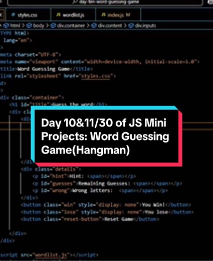 Day 10&11 : Word Guessing Game(Hangman). I built this game last year using Python and decided to try it again with JavaScript. I enhanced the user interface this time and also improved interactivity. Check out the game link in the comment section. #30daysofjavascript #howtotiktok #techtok #buildinginpublic #30dayschallenge #javascriptprojectideas #hangmangame #wordguessinggame